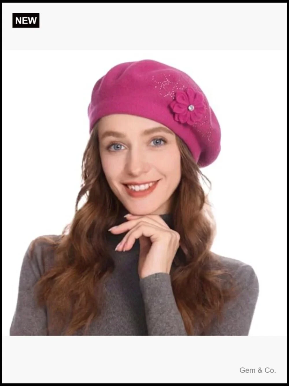 Reversible Knit Beret with Floral Trim - One Size